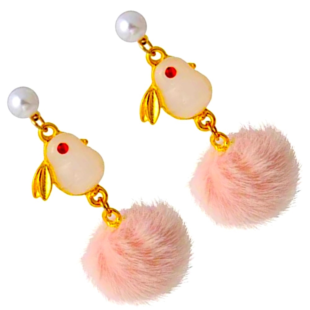 Bunny Rabbit Faux Pearl & Fur, Pink, White, Gold Stud Dangle Earrings Easter - Picture 4 of 5
